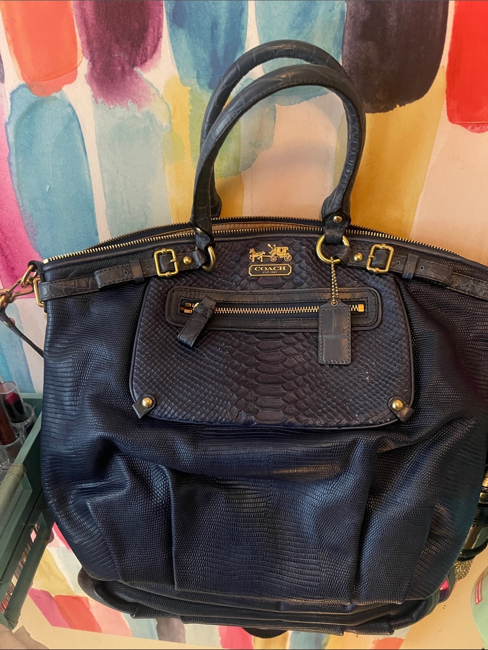 Coach Madison Lindsey Navy Textured Leather Satchel  style No 19635